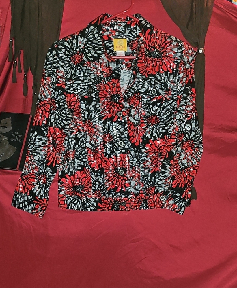 EUC Ruby Rd. Red and Black Floral Jacket With Shiny See Through Sequin Detail